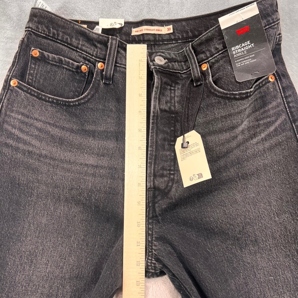 Levis Premium Ribcage Straight Ankle Jeans Womens 30 Super High Rise Black Denim - Picture 4 of 12